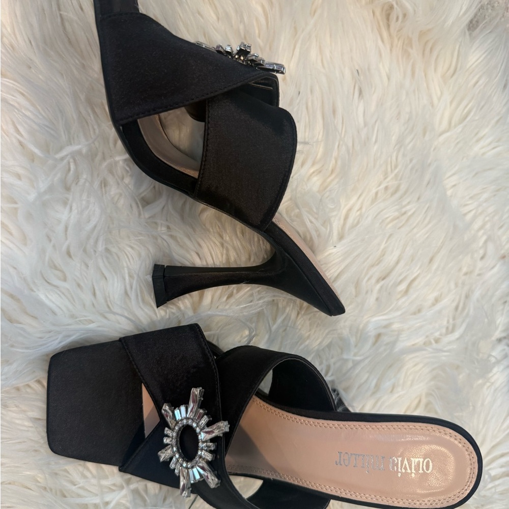 Olivia Miller Black Satin Heels with Embellishments
